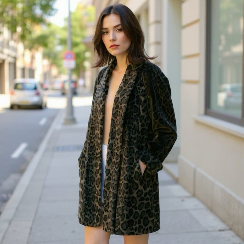 Vintage Lorovi 70s Leopard Print Faux Fur Lined Brown/Black Collared Overcoat S - Picture 11 of 11